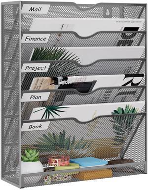 EasyPAG Mesh Wall Hanging File Organizer 5 Tier Letter-sized Desk/Wall Mount File Holder Mail Organizer for Office Home and Classroom, Silver
