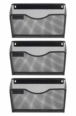 EasyPAG 3 Pack Mesh Wall File Organizer with Label Panel | Vertical Mounted Single Pocket Metal Holder for A4/Letter Files - Rust-Proof, Tag Slot Design for Office, Home, School, Black