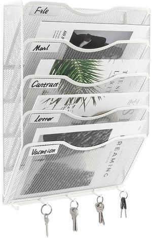 EasyPAG 5-Tier Mesh Wall File Organizer with 5 Key Hooks - Vertical Hanging Mail/Paper Rack, Metal Frame & Removable Labels for Office, Classroom, Entryway ,White