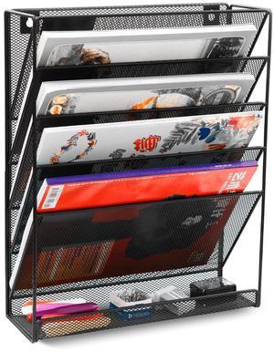EasyPAG Desk & Wall Mount 5-Tier File Organizer with Label Slots & Tray - Metal Mesh Vertical Hanging Rack for Mail, Documents & Office Supplies, Black