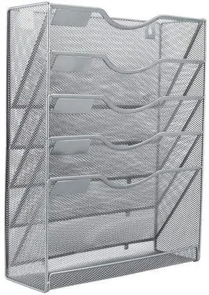 EasyPAG Wall File Organizer Mesh 5 Tier Wall File Holder Desktop Vertical Hanging File Folder Organizer with Bottom Flat Tray Sides Closed,Silver