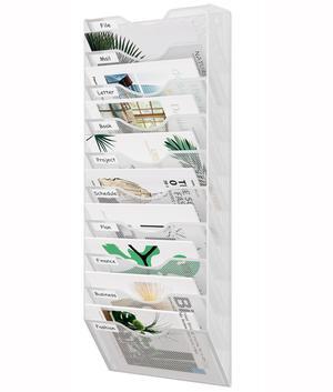 EasyPAG 10 Pocket Mesh Wall File Organizer - Vertical Hanging Magazine Rack with Removable Labels, Metal Frame for Mail/Paper Organization, Office Home School, White