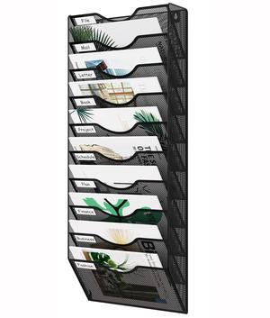 EasyPAG 10 Pocket Mesh Wall File Organizer - Vertical Hanging Magazine Rack with Removable Labels, Metal Frame for Mail/Paper Organization, Office Home School, Black