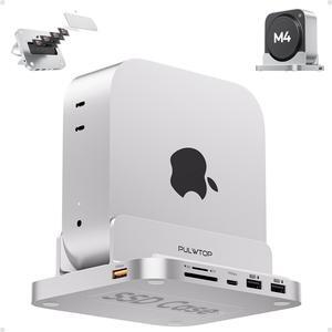 PULWTOP Mac mini M4 Dock with 4TB M.2 SSD Enclosure, 8-in-1 Aluminum Vertical USB-C Hub for Mac mini M4 Pro Hub Stand with USB-A/C 3.2 10Gbps, 2xUSB-A 2.0, 3.5mm Audio, SD/TF Slots (SSD NOT Included)