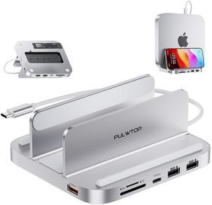 PULWTOP Mac Mini Hub with M.2 SSD Enclosure, 8-in-1 Vertical Mac Mini Dock Stand with USB A/C 3.2 10Gbps, 2 x USB A 2.0, SD/TF Slots, 3.5mm Audio Mic Jack for M1 M2 (NOT for M4 2024)