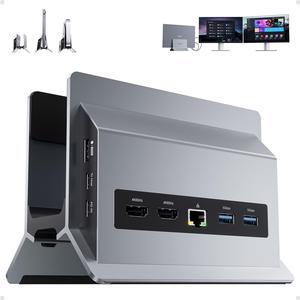 PULWTOP USB C Laptop Docking Station Dual Monitor, 11 in 1 Vertical Dock with 2 HDMI 4K, 3 USB A/C 10Gbps, 2USB-A 5Gbps, USB A 2.0, Ethernet, Docking Station Stand for Type-C Laptops - Grey