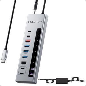 PULWTOP Powered USB C Hub, 10-in-1 USB 3.2 Data Hub with 3 x USB A/C 10Gbps, 3 x USBA 5Gbps, USB A 2.0, 100W PD-in, 2 x 24/45W Type-C Charging Ports (72W Adapter Included)