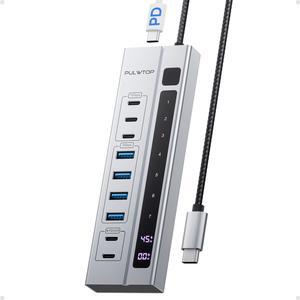 PULWTOP 9-in-1 USB 3.2 Data Hub, Power Adapter NOT Included, Powered USB C Hub with 3 x USB-C 10Gbps, 4 x USB-A 5Gbps and 2 x 24/45W Type-C PD Charging Ports USB Hub