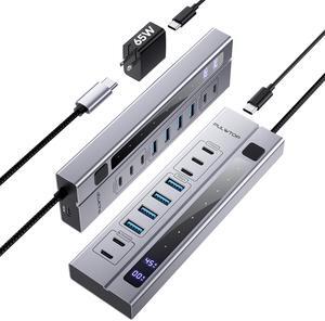 PULWTOP 9-in-1 Powered USB C Hub, USB 3.2 Data Hub with 65W PD Power Adapter, 3 x USB-C 10Gbps, 4 x USB-A 5Gbps and 2 x 24/45W Type-C PD Charging Ports USB Hub