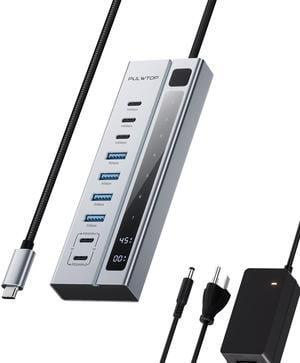 PULWTOP Powered USB C Hub, 9-in-1 USB-Hub suppprt 10Gbps & PD 45W Max Charging(Not Support Video), USB Powered Hub with 3 USB-C, 4 USB-A for Laptop, MacBook, iPad and More (72W Adapter Included)