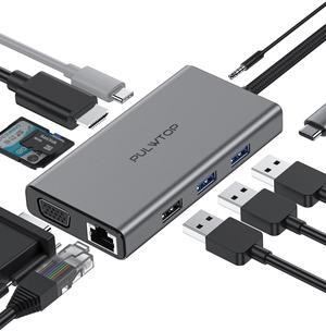 PULWTOP Laptop Docking Station 10 in 1 USB C Hub Multiport Adapter, 1*HDMI 4K 30Hz,VGA, Ethernet, USB 3.0, USB A 2.0, TF/SD, Audio, MacBook Dongle for MacBook Dell Hp Lenovo Laptop Type C Devices