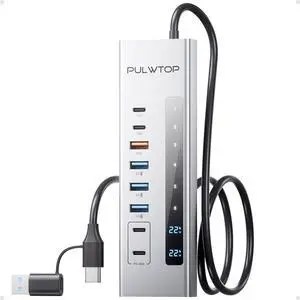PULWTOP Powered USB C Hub, 11-in-1 USB Hub with SD/TF, 2*USB-C 10Gbps, 4*USB-A 5/10Gbps and 2 * 24/45W Type-C PD Charging Ports (Not Support Video), USB Powered Hub (72W DC Adapter Included)