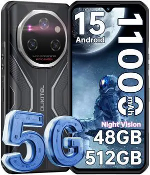 OUKITEL WP55 Pro 5G Rugged Smartphone Unlocked Android 15-48GB+512GB/2TB Rugged Cellphones, 6.6''FHD+Display 108MP Rear Camera 11000mAh(33w) Battery Waterproof Mobile Phone, IP68/IP69K/NFC/T-Mobile