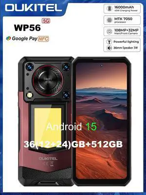 OUKITEL WP56 5G Rugged Smartphone - 36GB+512GB/2TB Android 15 Rugged Phone, 16000mAh Battery,6.8" FHD+ 120hz Phone,108MP Main Camera IP68/IP69K Waterproof Cell Phone 5G Dual SIM Red