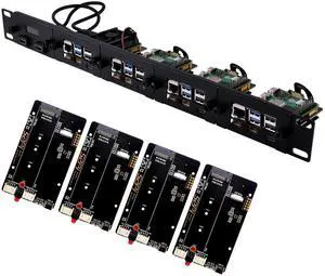 52Pi 19 inch 1U Rack Mount for Raspberry Pi 5, with four PCIe to M.2 NVMe SSD Adapters and OLED Display, Supports M.2 NVMe 2230/2242/2260/2280 SSD