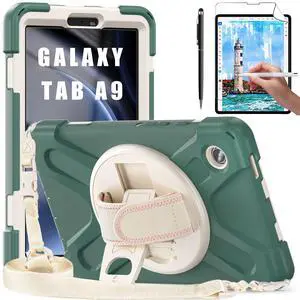 Case for Samsung Galaxy Tab A9 8.7 inch 2023 SM-X110/SM-X115/SM-X117 Shockproof Hard Protective Cover with 360 Rotating Hand Strap, Stand, Shoulder Strap, Screen Protector, Stylus Pen (Dark Green)