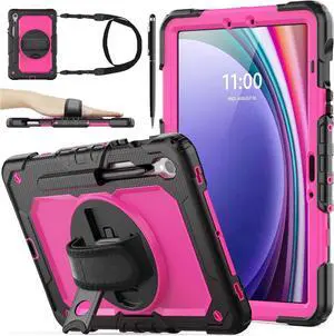WERLEO Case for Samsung Galaxy Tab S10 FE / S9 / S9 FE 5G Tablet Case Protective with Screen Protector, Pencil Holder, 360 Rotate Stand, Hand Strap, Shoulder Strap, Stylus Pen Rose Red
