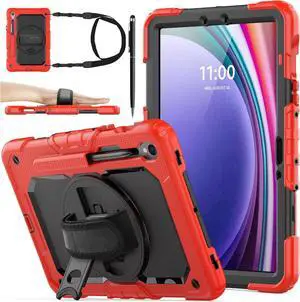 WERLEO Case for Samsung Galaxy Tab S10 FE / S9 / S9 FE 5G Tablet Case Protective with Screen Protector, Pencil Holder, 360 Rotate Stand, Hand Strap, Shoulder Strap, Stylus Pen Red