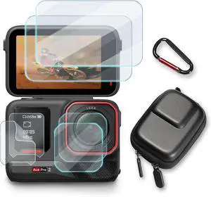 WERLEO Screen Protector Compatible for Insta360 Ace Pro 2 Camera,Tempered Glass Film Anti Scratch High Definition Full Coverage and Hard Shell Travel Storage Carrying Case