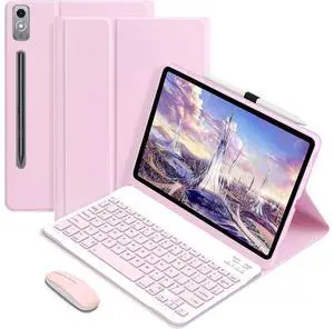 WERLEO Bluetooth Keyboard Case with Mouse for Lenovo Tab P12 12.7 inch 2024 2023 TB370FU TB371FC Protective Cover with Wireless Mouse / Keyboard Pink