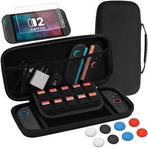 WERLEO Switch 2 Case Accessories Bundle for Nintendo Switch2 Kit, Protective Switch Carrying Case with 10 Game Card Slot, Screen Protector Tempered Glass and 8pcs Thumb Grips Caps - Black