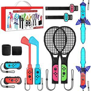 WERLEO Switch Sports Accessories Bundle Set , 12-in-1 Family Party Pack Game Accessories Kit for Nintendo Switch OLED Sports Games with Tennis Rackets, Golf Clubs ,Sword and Wrist Strap
