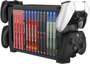 WERLEO Games Storage Tower (Up to 15 CD Disc) For PS5 Game Disk Rack and Controller Stand Holder For Xbox Series X/Nintendo Switch/PS4 Controller Stand Holder Can hold up to 4 controller