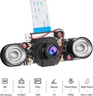 WERLEO Raspberry Pi 4B Camera IR Camera Module 75 Degree 5MP OV5647 Webcam Automatically Switching Between Day and Night Vision with Holder and Cable for Raspberry Pi 5 4B 3B+ Zero and Zero W