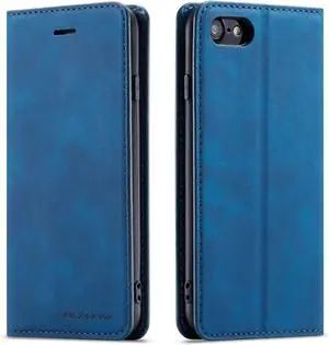 WERLEO Case for iPhone SE 2022 5G/SE 2020/8/7, Premium PU Leather Cover TPU Bumper with Card Holder Kickstand Magnetic Adsorption Flip Wallet Case Blue