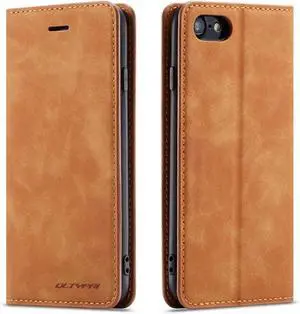 WERLEO Case for iPhone SE 2022 5G/SE 2020/8/7, Premium PU Leather Cover TPU Bumper with Card Holder Kickstand Magnetic Adsorption Flip Wallet Case Brown