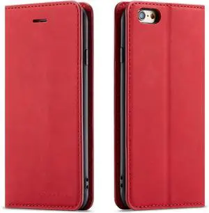 WERLEO Case for iPhone SE 2022 5G/SE 2020/8/7, Premium PU Leather Cover TPU Bumper with Card Holder Kickstand Magnetic Adsorption Flip Wallet Case Red