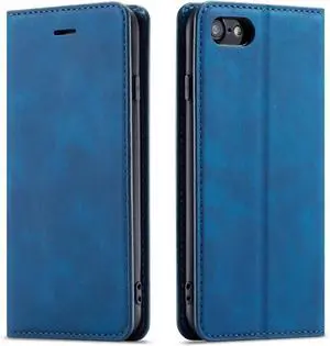 WERLEO for iPhone 16e Case, Premium PU Leather Cover TPU Bumper with Card Holder Kickstand Hidden Magnetic Adsorption Shockproof Flip Wallet Cover Blue