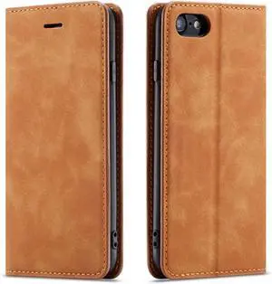 WERLEO for iPhone 16e Case, Premium PU Leather Cover TPU Bumper with Card Holder Kickstand Hidden Magnetic Adsorption Shockproof Flip Wallet Cover Brown