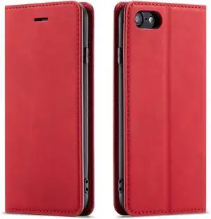 WERLEO for iPhone 16e Case, Premium PU Leather Cover TPU Bumper with Card Holder Kickstand Hidden Magnetic Adsorption Shockproof Flip Wallet Cover Red