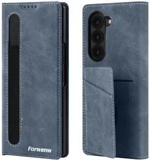 WERLEO Case for Samsung Galaxy Z Fold 5 5G, Premium PU Leather Phone Cover with Card Holder, S Pen Holder, Stand, Shockproof Flip Wallet Cover Blue
