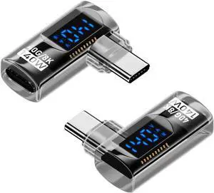 WERLEO 2 Pack 90 Degree USB C Adapter with Digital Display, 140W Right Angle USB-C Male to Female Connector for iPhone 16/15 Series, MacBook, Support Voltage, Current and Power Smart LED Display