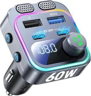 WERLEO 60W Bluetooth 5.4 FM Transmitter Car Adapter [Reinforced Dual Mics & Deep Bass] [Dual PD 60W & QC3.0] Fast Charging Handsfree Calling Wireless Radio Bluetooth Transmitter for Car
