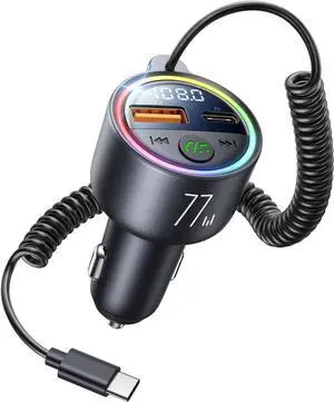 WERLEO 77W Bluetooth 5.4 FM Transmitter Car Adapter [PD3.0 65W+12W Fast Charging] Bluetooth Car Adapter [Deep Bass&Lossless Call Sound] Radio Bluetooth Transmitter for Car HiFi Mic & Colors LED Displa
