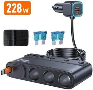 WERLEO 228W 9 in 1 Car Fast Charger Adapter Charge Independent Switches DC Cigarette Outlet PD 3 Socket Cigarette Lighter Splitter