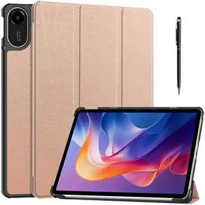 WERLEO Case for Xiaomi Redmi Pad 2 11 inch 2025, Tri fold Slim Hard Shell Smart Protective Cover with Multi-Angle Stand, Auto Sleep/Wake, Universal Stylus Pen Rose Gold
