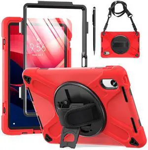 WERLEO Case for Lenovo Tab M11 / K11 LTE 11 inch 2024 TB330FU TB330XU TB-331FC Shockproof Cover with Screen Protector + Rotating Hand Strap & Stand + Shoulder Strap + Universal Stylus Pen Red