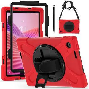WERLEO Case for Lenovo Tab 10.1 inch 2025 Model TB311FU TB311XU with Pencil Holder | Shockproof Cover with Kickstand Hand Strap Shoulder Strap Universal Stylus Pen Red