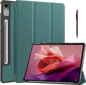 WERLEO Case for Lenovo Tab P12 12.7 inch 2024 2023 TB370FU TB371FC, Slim Smart Cover Lightweight Hard Shell Protective Cover with Multi-Angle Stand, Universal Stylus Pen Dark Green