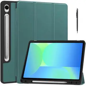 WERLEO Case for Samsung Galaxy Tab S10 FE / S9 FE 10.9 Inch, Slim Smart Cover Lightweight Hard Shell Protective Cover with Multi-Angle Stand, Universal Stylus Pen Dark Green