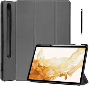 WERLEO Case for Samsung Galaxy Tab S8 Plus 2022 / S7 FE 2021 / S7 Plus 2020 12.4 inch, Slim Smart Stand Cover Protective Cover with Pencil Holder, Stand, Universal Stylus Pen Dark Green Grey