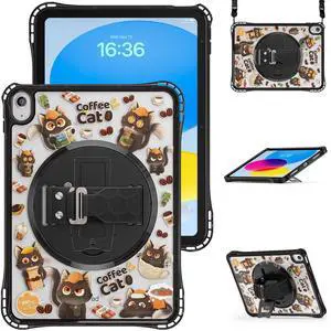 WERLEO Case for iPad A16 11th Generation 11 inch 2025 / iPad 10th Generation 10.9 inch 2022 with Rotating Kickstand Hand/Shoulder Strap, Kids Cartoon Shockproof Tranparent Back Cover Black