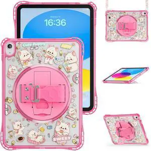 WERLEO Case for iPad A16 11th Generation 11 inch 2025 / iPad 10th Generation 10.9 inch 2022 with Rotating Kickstand Hand/Shoulder Strap, Kids Cartoon Shockproof Tranparent Back Cover Rose Red
