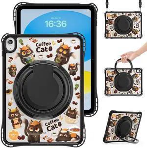 WERLEO Kids Case for iPad A16 11th Generation 11 inch 2025 / iPad 10th Generation 10.9 inch 2022 with Rotating Kickstand Hand/Shoulder Strap, Cartoon Shockproof Tranparent Back Cover Black