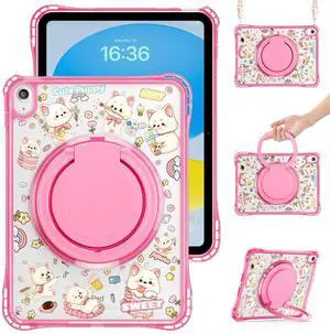 WERLEO Kids Case for iPad A16 11th Generation 11 inch 2025 / iPad 10th Generation 10.9 inch 2022 with Rotating Kickstand Hand/Shoulder Strap, Cartoon Shockproof Tranparent Back Cover Rose Red
