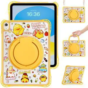 WERLEO Kids Case for iPad A16 11th Generation 11 inch 2025 / iPad 10th Generation 10.9 inch 2022 with Rotating Kickstand Hand/Shoulder Strap, Cartoon Shockproof Tranparent Back Cover Yellow